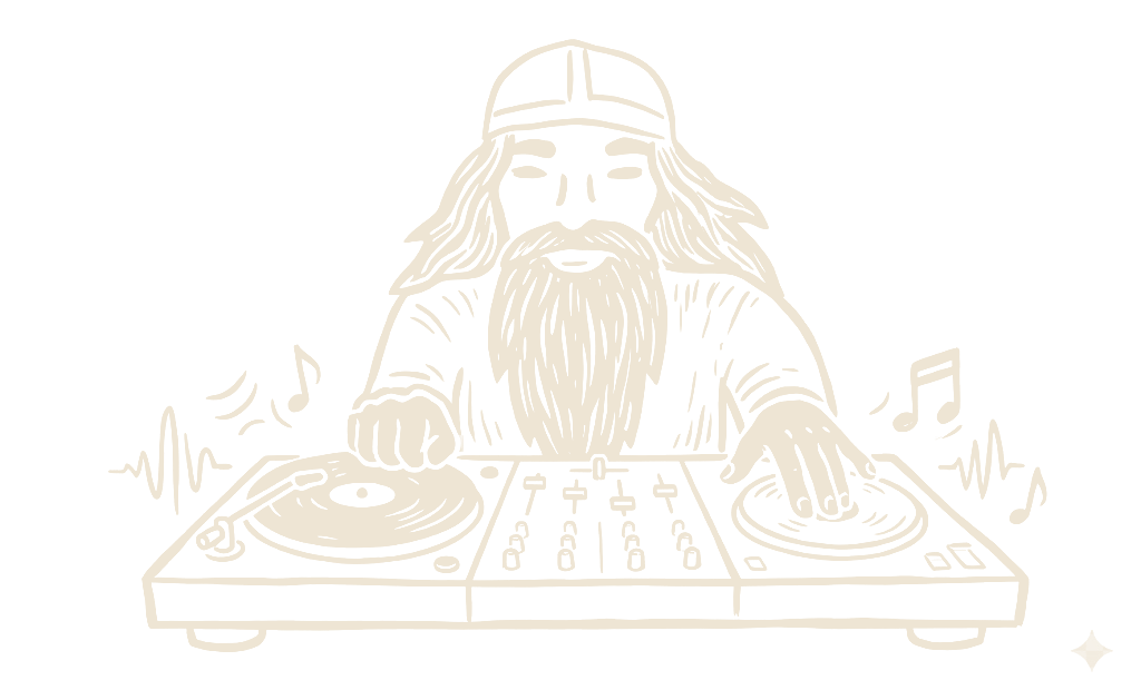Taruma — Kalevala-henkinen kuvitus: parrakas DJ soittaa levyjä ja miksaa musiikkia.